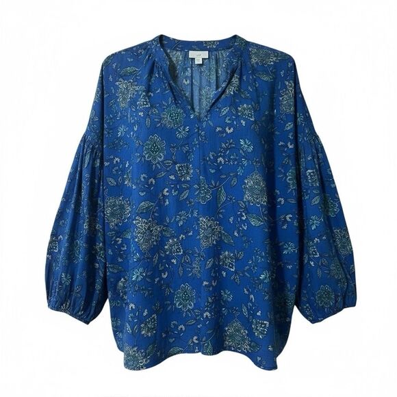 J. Jill Womens Size L Blue Green Floral Print V-neck Pullover Blouse Top - Picture 1 of 4